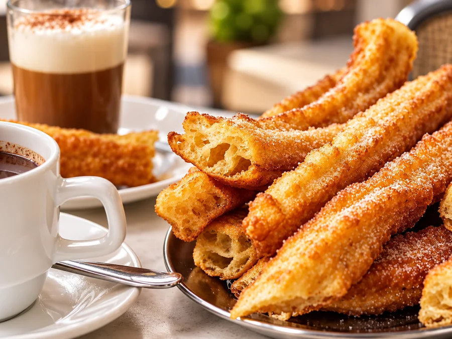 Churros con chocolate caliente y café